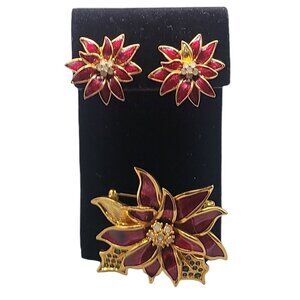 Nolan Miller Poinsettia Jewelry Set Red Enamel Gold Plated Brooch Clip On Earrin